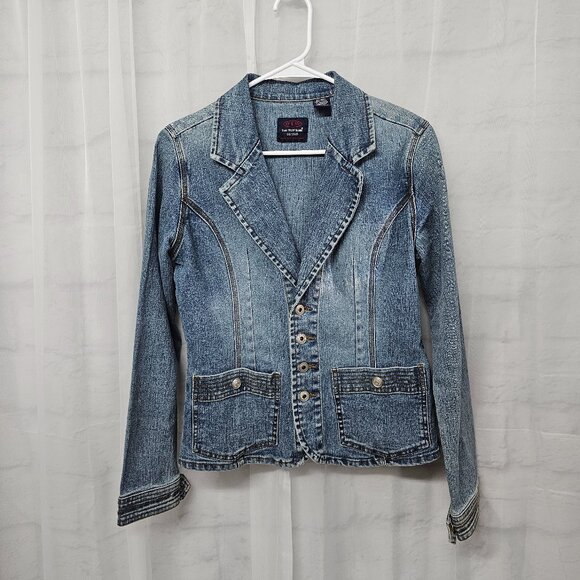 OTB Blue Denim Blazer Jacket Y2K Boho Western Prairie Coastal L - Picture 7 of 11